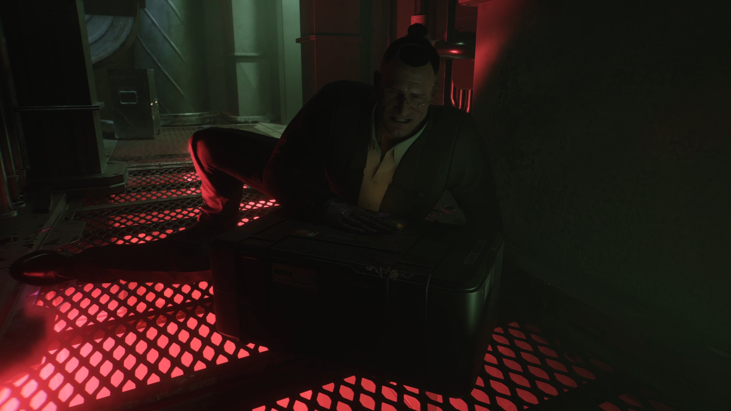 After being showered with bullets, V and Jackie fall into a corridor cast in pink and green.